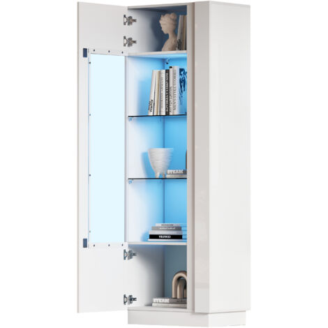 Vetrina Alta 60x40x180 cm, Mobile Alto con Anta in Acrilico, con Illuminazione a LED e 3 Ripiani in Vetro, Bianco, per Soggiorno