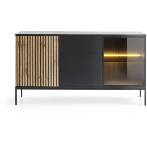 Vetrina alta moderna con frontale scanalato, 104×166×39 cm, Nero / Rovere Wotan