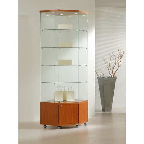 Vetrina Angolare Cristalli Temperati con Mobile e Faretti  68x68x220cm LL OF722M  Made in Italy Colore Ciliegio