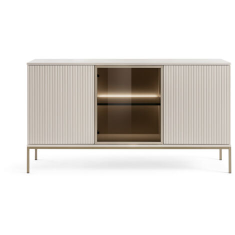 Vetrina bassa moderna con frontale scanalato, 104×126×39 cm, Cashmere / Oro