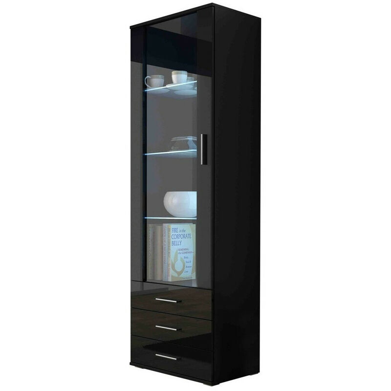 Mobilier1 - Vetrina Charlotte E102, Nero + Nero lucido, Con porte, Con cassetti, 192x60x41cm