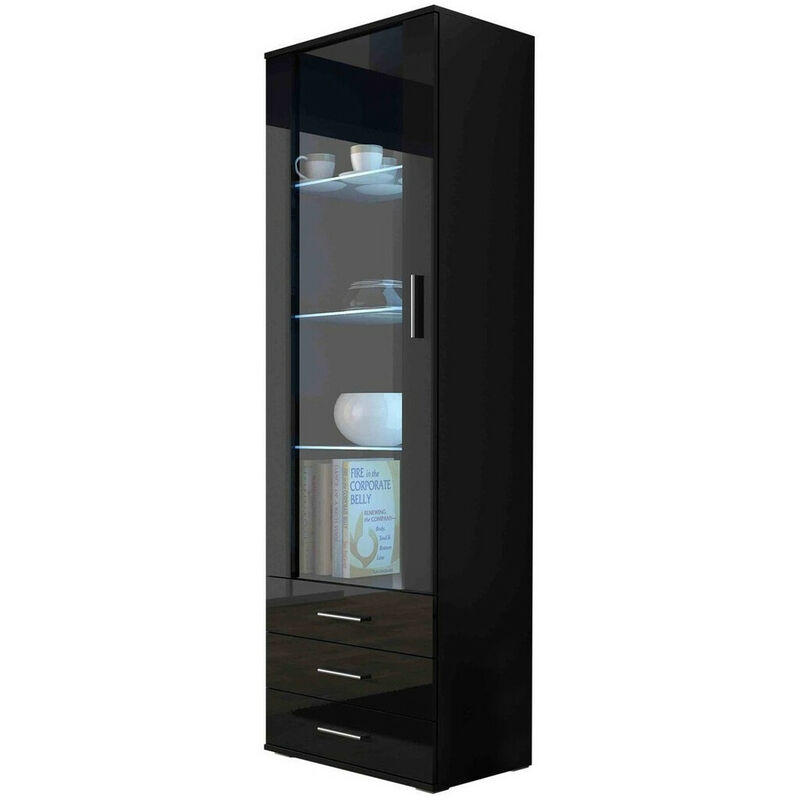 Mobilier1 - Vetrina Charlotte E102, Nero + Nero lucido, Con cassetti, Con porte, 192x60x41cm, led