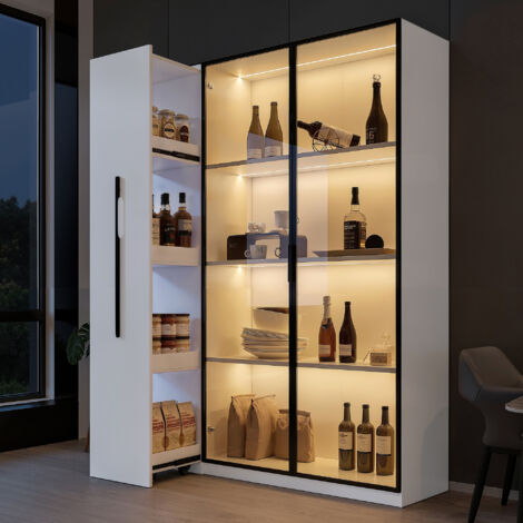 Vetrina con Anta in Vetro e LED, con Ampio Cassetto Laterale Estraibile, Stile Moderno, in MDF, Bianco, 110,5×35×160 cm