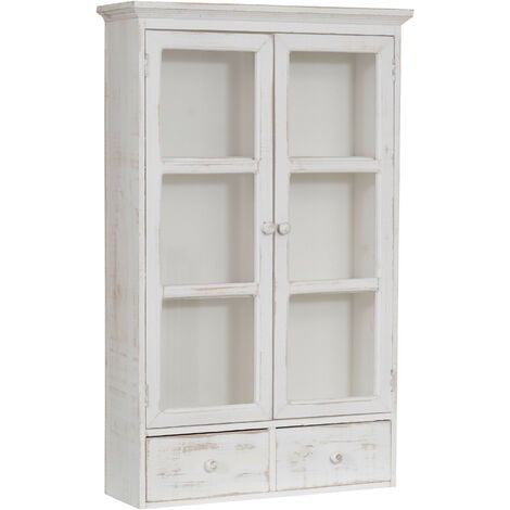 Vetrina cucina legno 76x46x14,5 cm Vetrinetta shabby chic bianco 2 ripiani Pensile bagno bianco 2 ante Mobiletto bagno sospeso