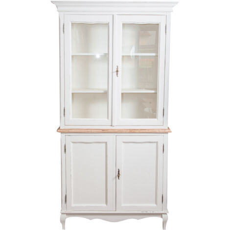 Vetrina espositiva Legno massello Bianco 200 x 100 x 38 cm Credenza Legno dispensa Arredamento Shabby Chic Mobile Cucina Vintage