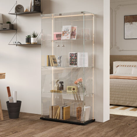 Vetrina in vetro con 4 ripiani e illuminazione a LED che cambia colore, vetrina indipendente, design moderno, 78 x 35 x 163 cm, Nero