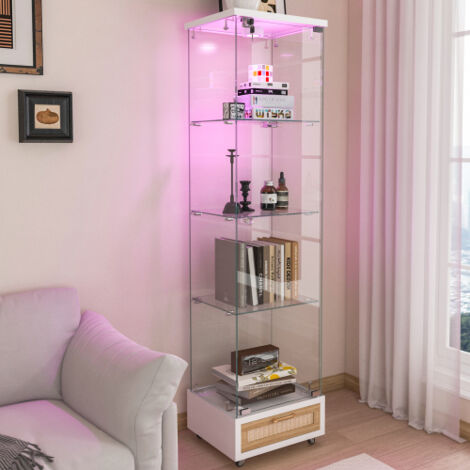 Vetrina in vetro, ripiani in vetro temperato con cassetti, illuminazione a LED, una ante, quattro ripiani, per soggiorno e camera da letto - Bianco - 42,5x36,5x167 cm