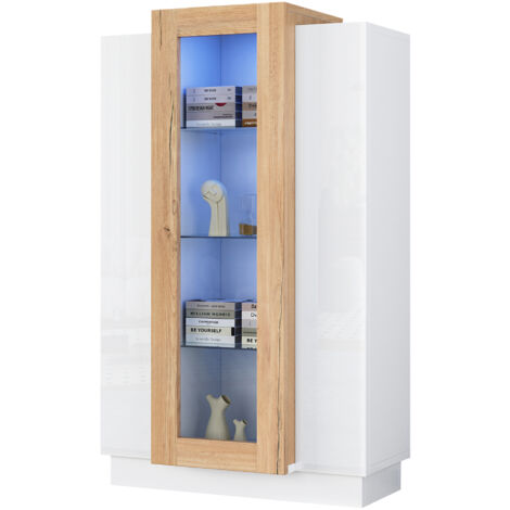 Vetrina Mobile 74x40x120 cm, con 3 Ante Trasparenti e Illuminazione a LED, Libreria con Ripiani Vetro, per Soggiorno