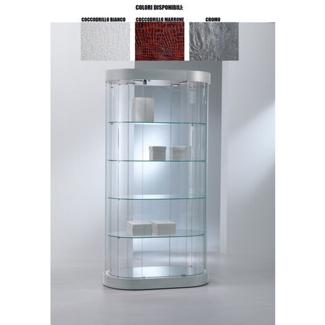 Vetrina Ovale Grande in Ecopelle con Cristalli Temperati (97 x 56 x h 190 cm) Colore Cromo