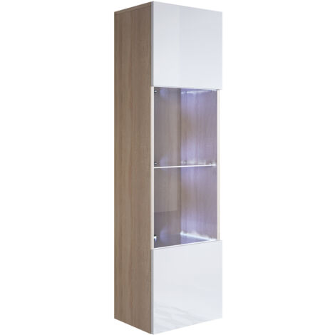 Vetrina Sospesa con LED Mobile Soggiorno Moderno Salotto Vetrinetta pensile 40x165x28 Modello Luke V6 Sonoma opaco e Bianco lucido