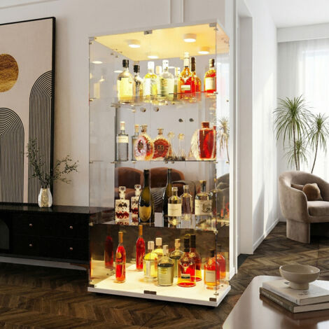 Vetrinetta in Vetro,Vetrinetta Espositiva LED RGB a 7colori,Vetrina Soggiorno Moderna con 4 Ripiani in Vetro con 2Porta e Serratura,Vetrine per Collezionismo,164x80.5×36.5cm,Vetro Specchio,Bianco