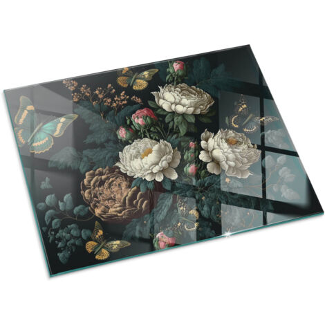 Vetro Decorativo Per Camino E Soggiorno Piastra In ESG Vetro Moderno Per Stufa A Legna Per Camino Motivo floreale con farfalle 80x60 cm