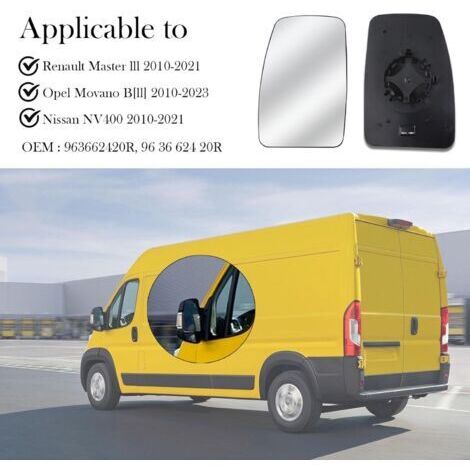Vetro specchietto retrovisore di ricambio per Renault Master 2010-2021/Opel Movano 2010-2023/Nissan NV400 2010-2021, asferico riscaldato con piastra di supporto regolabile per specchietto esterno (sin