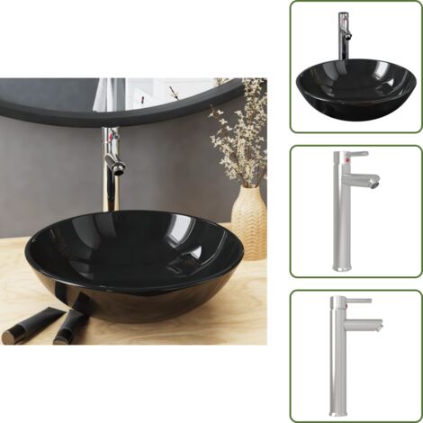 Vetro temperato - vidaXL Lavandino Bagno con Rubinetto e Piletta in Vetro Temperato Nero - Lavabo circolare