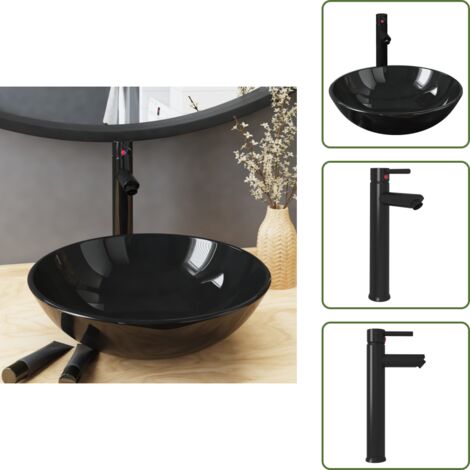 Vetro temperato - vidaXL Lavandino Bagno con Rubinetto e Piletta in Vetro Temperato Nero - Lavabo circolare