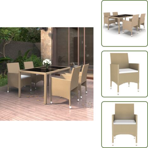 Vetro temperato - vidaXL Set da Pranzo Giardino 5 pz Polyrattan e Vetro Temperato Beige - Rattan
