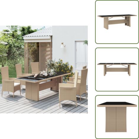 Vetro temperato - vidaXL Tavolo da Giardino Piano Vetro Beige Polyrattan Vetro Temperato - Tavolo da giardino in vetro