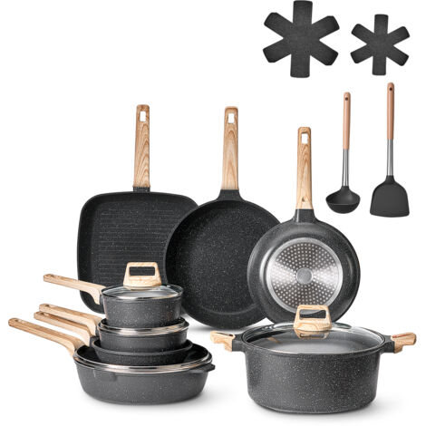 VEVOR 19 Piece Pots and Pans Set, Granite Nonstick Cookware Set, Induction Cookwares, Kitchen RV Cooking Sets with Frying, Sauce, Saute, Tempered Glass Lids, and Pan Protectors, Black