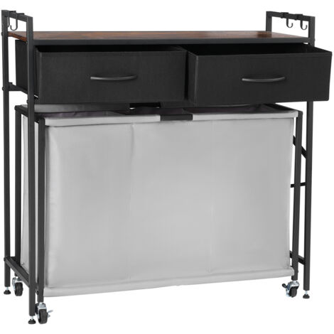 VEVOR 3 Section Laundry Sorter, Rolling Laundry Hamper with 2 Drawers, Hooks & Wheels, Rolling Basket Organizer Storage with Pull-Out Rolling Bags and Wooden Tabletop for Dirty Clothes, Bathroom