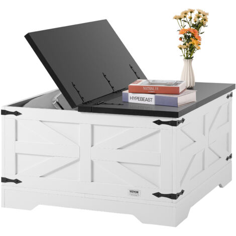 VEVOR 31.5" Farmhouse Coffee Table, Hinged Square Coffee Table with Large Storage Compartment, Wooden Rustic Cocktail Table for Living Room, Bedroom, Apartment, Studio, Gray & White
