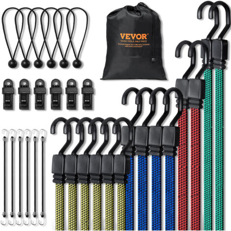 VEVOR 32 Piece Flat Bungee Cord Set, 17 mm Heavy Duty Bungee Straps with A3 Steel J-Hooks, Includes 10", 18", 24", 32", 40", Bungee Rope with Portable Storage Bag, 6 Clips & Canopy Ties