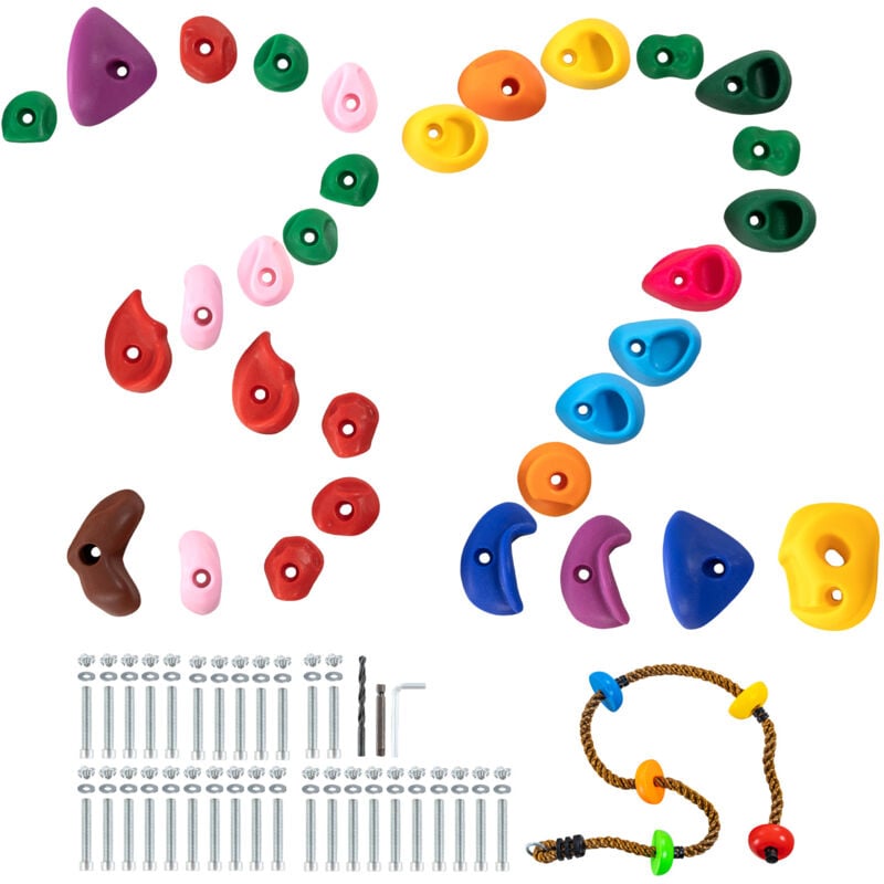 32 poignees deescalade, tailles et couleurs assorties, adaptees aux enfants et aux adultes, comprend une corde deescalade et du materiel