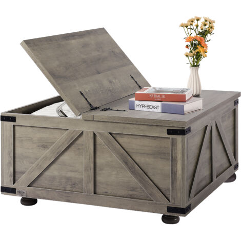 VEVOR 36" Farmhouse Coffee Table, Hinged Square Coffee Table with Large Storage Compartment, Wooden Rustic Cocktail Table for Living Room, Bedroom, Apartment, Studio, Beige
