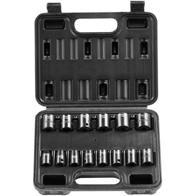 3/8' Drive Impact Socket Set, 14 Piece Shallow Socket Set Metric 7-20mm, 6 Point Cr-Mo Alloy Steel for Auto Repair, Easy-to-Read Size Markings,