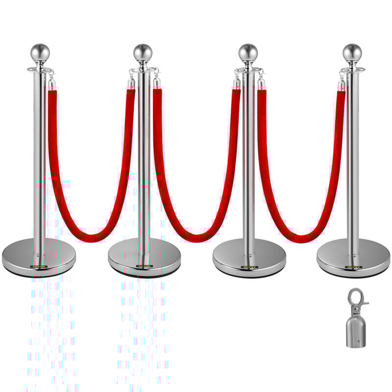Vevor 4 Poteaux de Guidage Separation Argente avec 3 Cordes Velours Rouges 1,5 m, 4 pcs Fils deAttente Barriere de Queue Poteau Individuel de