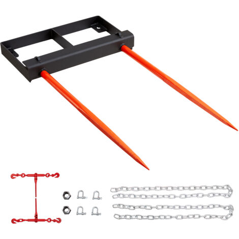 VEVOR 49" Hay Spear, Bale Spears 3000lbs Loading Capacity, Skid Steer Loader Tractor Bucket Attachment with 2pcs 17.5" Stabilizer Spears and 60" Chain, Quick Attach Spike Forks