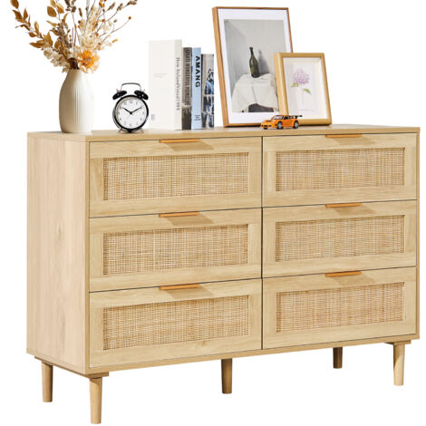 VEVOR 6 Drawer Rattan Dresser, Boho Dresser, Rattan Chest of Drawers with Spacious Storage, Natural Rattan Dresser for Bedroom, Living Room & Hallway,Rattan Nightstand with Sturdy Handles&Legs, Brown