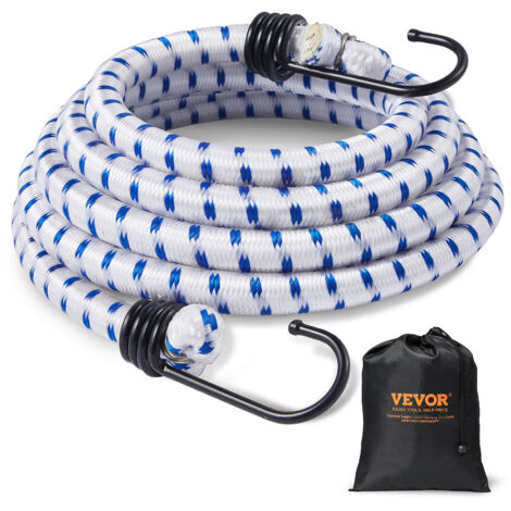 VEVOR 6 Piece Bungee Cords with A3 Steel Hooks, 72 Inch Heavy Duty Bungee Straps, 12 mm Elastic Bungee Ropes Set for Camping, Tarps, Motorcycle, Truck and Tent, White with Blue Stripes