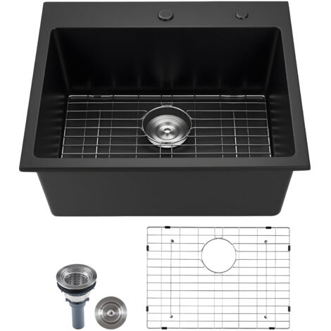 VEVOR 63 cm Kitchen Sink Workstation, Top Mount Granite Sinks, Drop-In Single Bowl Farmhouse Basin with Multiple Accessories, Household Dishwasher Sinks for RV, Prep Kitchen, and Bar (Black)