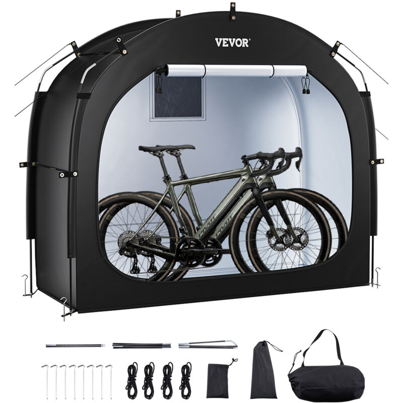 VEVOR Abri a Velo pour 1-2 Velos Tente de Rangement Spacieuse Etanche, Fenetre Ventilee, Poteaux Fibre de Verre, Double Fermeture Eclair, Tissu