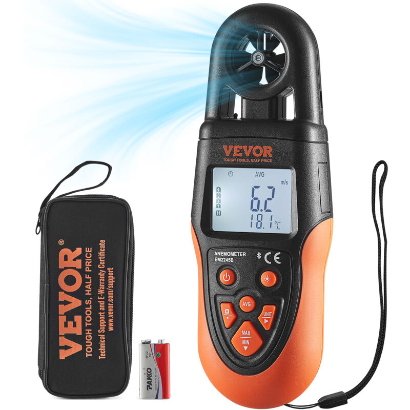 VEVOR Anemometer 78,4 MPH Luchtsnelheidsmeter 191x67x43mm Windmeter IP44 Windmeter Windkrachtmeter MAX/MIN/AVG/CU Windsnelheidsgegevens Bluetooth Snelheidsmeter
