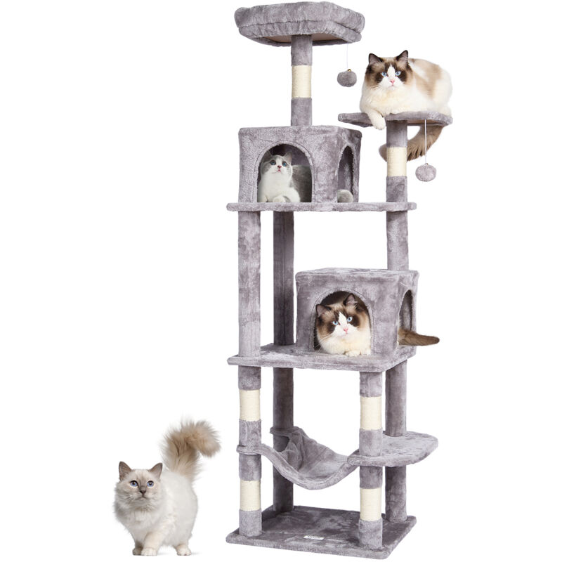 Arbre a chat pour chats deinterieur, tour a chat de 63 pouces avec 2 condos pour chats, griffoir en sisal, hamac, perchoir superieur, plates-formes