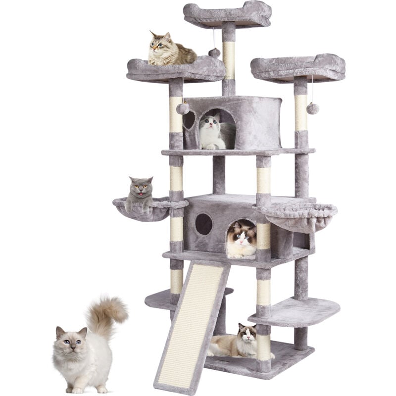 Arbre a chat pour chats deinterieur, tour a chat de 68,5' avec 2 condos pour chats, griffoir en sisal, hamacs, perchoirs superieurs, plates-formes de