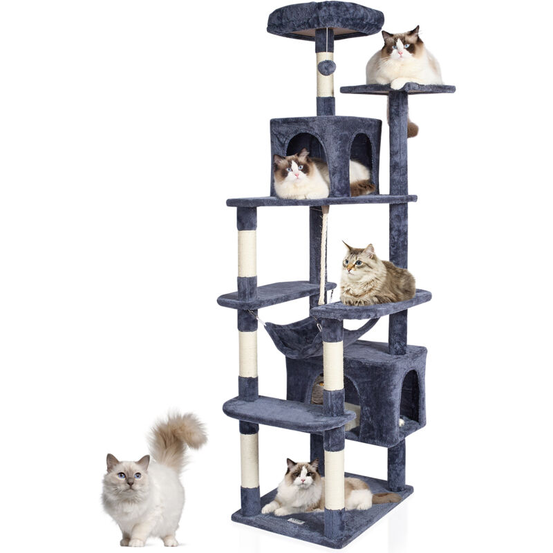 Arbre a chat pour chats deinterieur, tour a chat de 72 pouces avec 2 condos pour chats, griffoir en sisal, hamac, perchoir superieur, plates-formes