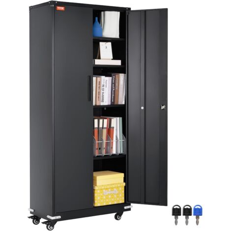 VEVOR Armadietto portaoggetti con Ruote da 75", con 4 Ripiani Regolabili e 2 Ante Magnetiche, Capacita di 200 libbre per Ripiano, Armadietto in Metallo con 3 Chiavi per Ufficio, Garage, Casa, Nero