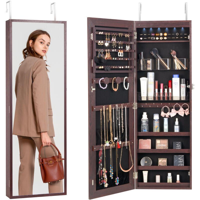 VEVOR Armoire a Bijoux Mural 108 cm, Organisateur de Bijoux avec Miroir et LED Interieur, Meuble de Rangement pour Bijoux Verrouillable, Fixe au Mur