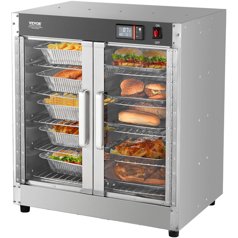 VEVOR Armoire Chauffante a 5 Niveaux, Etuve Traiteur avec Bac a Eau, Chauffe Assiettes Double Porte en Verre et Etageres Reglables, en Acier