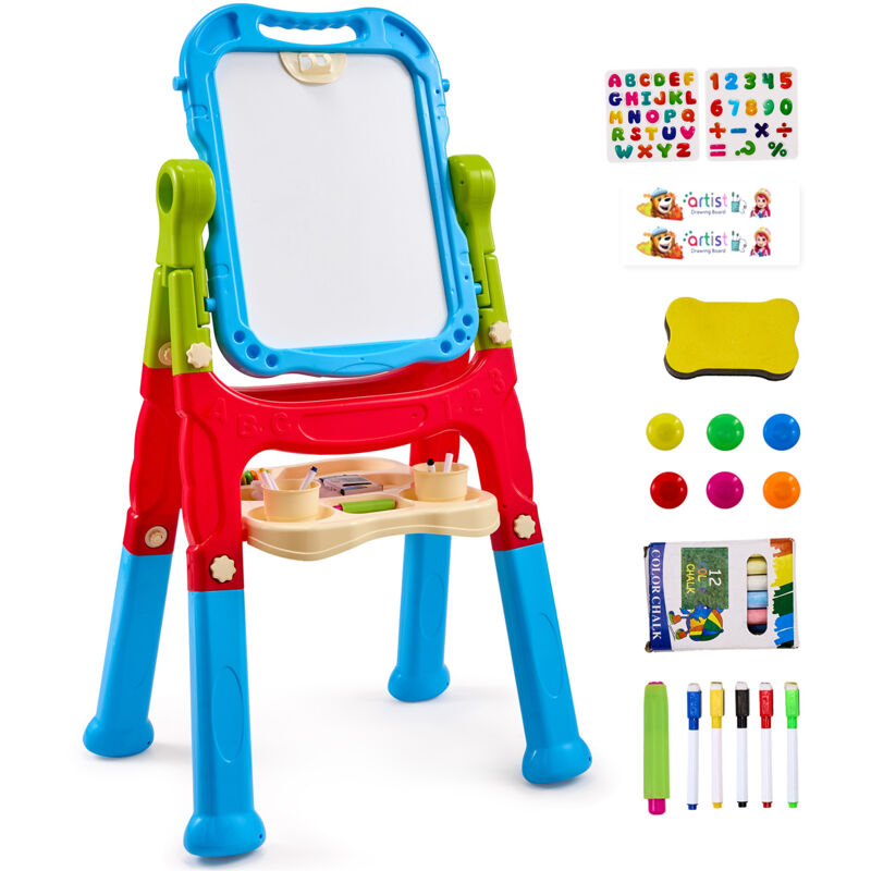 Vevor - Art Easel For Kids, 2-In-1 Double-Sided Kides Art Easel With Magnetic Whiteboard & Chalkboard, Adjustable Standing Rotatable Removable