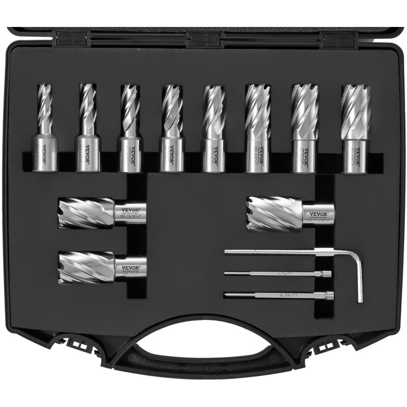 VEVOR 13-delige metaalboorset (7/16, 1/2, 9/16, 11/16, 5/8, 3/4, 13/16, 7/8, 15/16, 1, 1-1/16 inch kernboorset, 25,4 mm snijdiepte, ringfreesset, accessoires voor magneetboormachines)