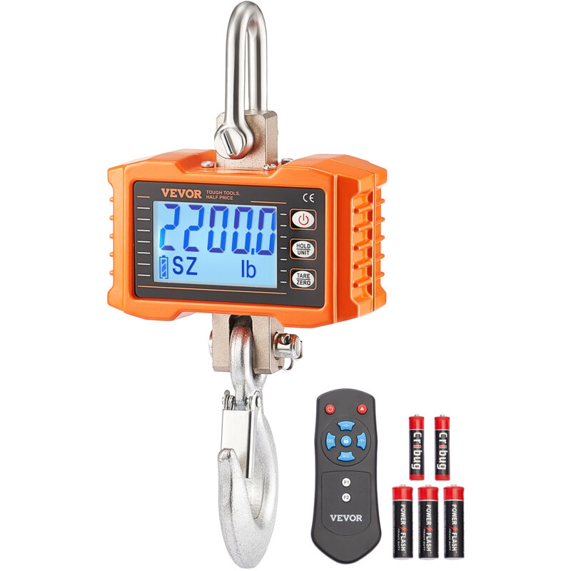 VEVOR Industriële hangweegschaal, 1000 kg, robuuste digitale kraanweegschaal met afstandsbediening, lastweegschaal, gegoten aluminium behuizing, zeer nauwkeurig LCD-scherm voor bouw, fabriek, boerderij, jacht, oranje