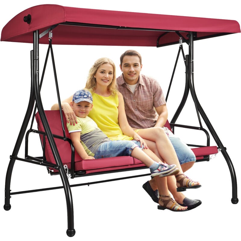 Vevor Balancelle de terrasse 3 places, balancoire convertible avec auvent reglable porche exterieur, coussin epais amovible, cadre acier allie, pour