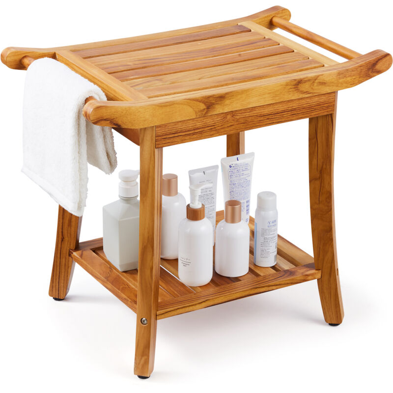 Banc de douche en teck, 560 x 365 x 470 mm, tabouret de douche impermeable avec poignee deetagere de rangement, coussinets antiderapants, 136,1 kg,