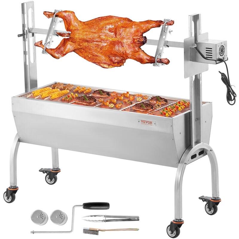 Barbecue a Charbon avec Tournebroche Electrique 52 w Charge 90 kg, Rotissoire Barbecue 118,5 cm, en Acier Inoxydable, avec Roues Verrouillables, pour
