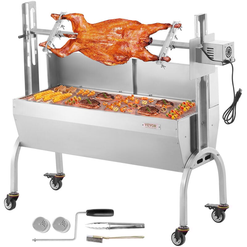 Vevor - Barbecue a Charbon avec Tournebroche Electrique 52 w Charge 90 kg, Rotissoire Barbecue 118,5 cm, en Inox, avec Pare-Brise et Roues