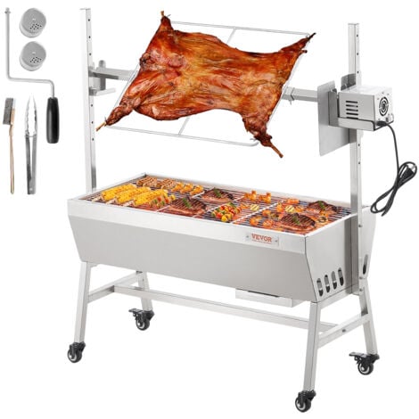 VEVOR Barbecue a Charbon Charge 61 kg, Rotissoire avec Tournebroche Electrique 94,4 cm Moteur 42 W, Grill Rotatif Electrique en Acier Inoxydable, avec Roues Verrouillables pour Agneau Cochon Poulet