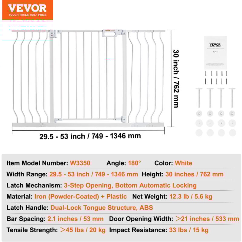 Vevor Barriere de Securite Extensible 75-135 cm Hauteur 76 cm Barriere deEscalier a Fermeture Automatique sans Percage Grande Ouverture 533 mm a 180°